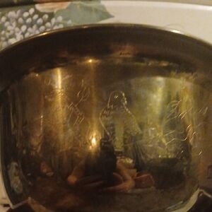 Vintage Brass Bowl Etched Bird Design Size Is 6" X 3".